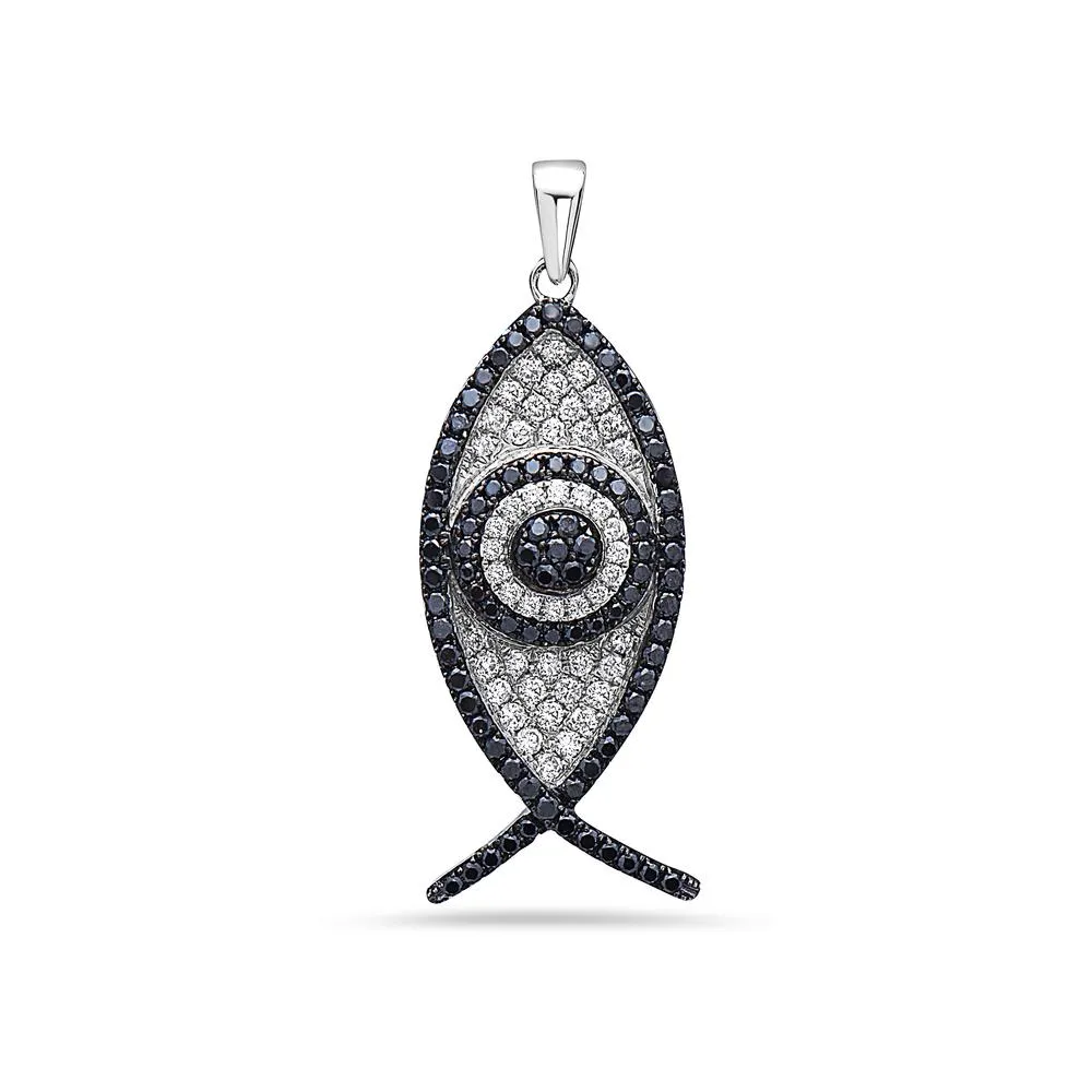 18K White Gold Black & White Fish Women's Pendant with 1.30CT Diamonds