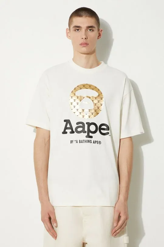 AAPE cotton t-shirt Basic Tee men’s beige color with a print AAPTEM1446XXM