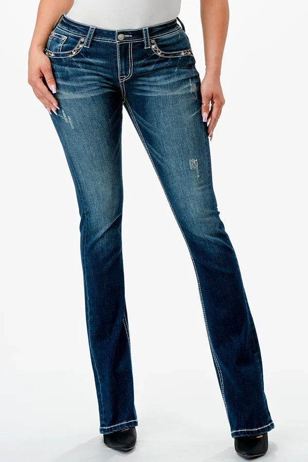 Aztec Embellishment Mid Rise Bootcut Jeans