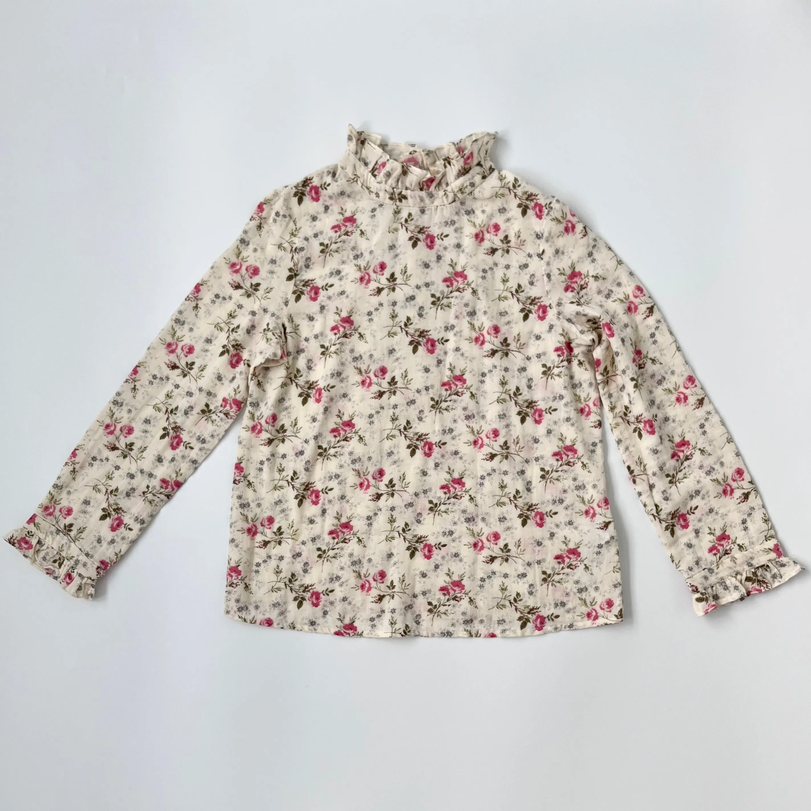 Bonpoint Rose Print Blouse With High Collar: 12 Years