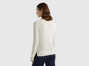 Cable knit sweater 100% cotton - Creamy White | Benetton