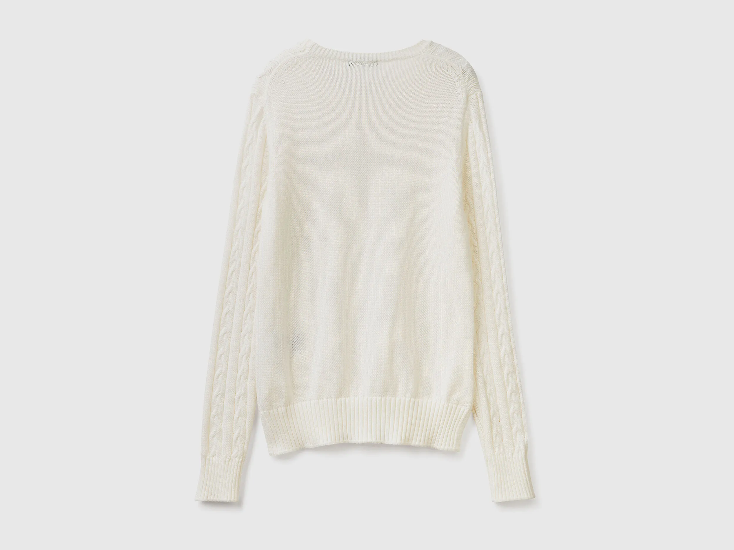 Cable knit sweater 100% cotton - Creamy White | Benetton