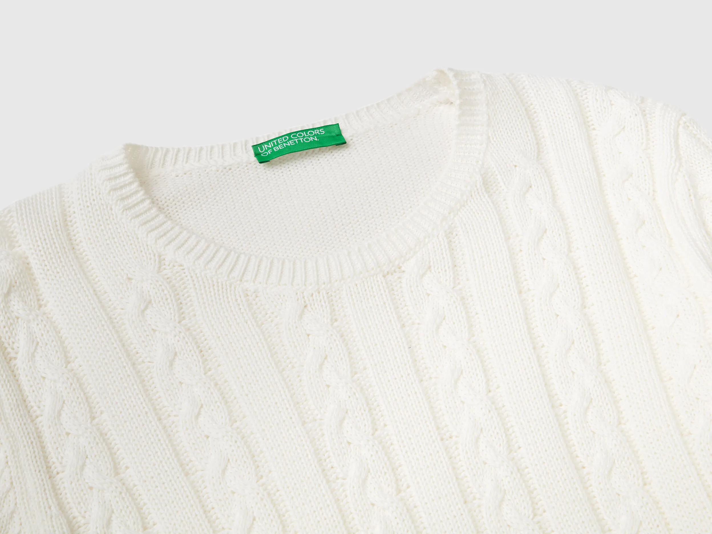 Cable knit sweater 100% cotton - Creamy White | Benetton