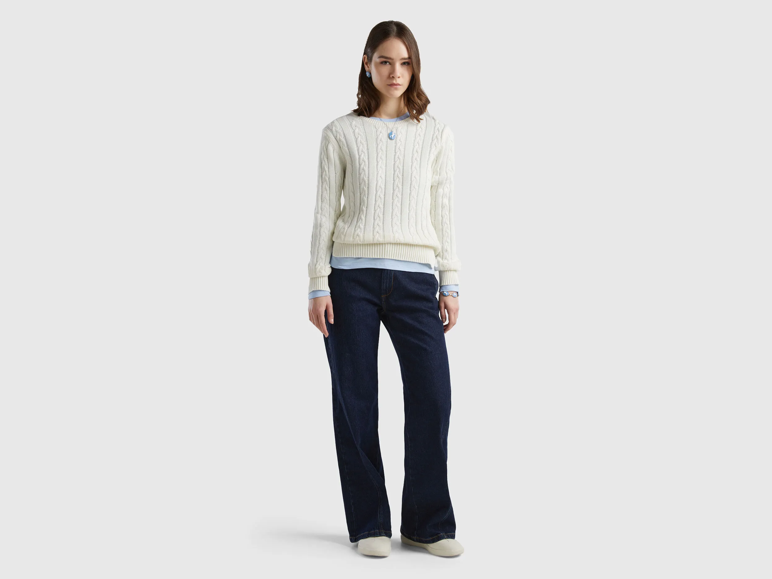 Cable knit sweater 100% cotton - Creamy White | Benetton