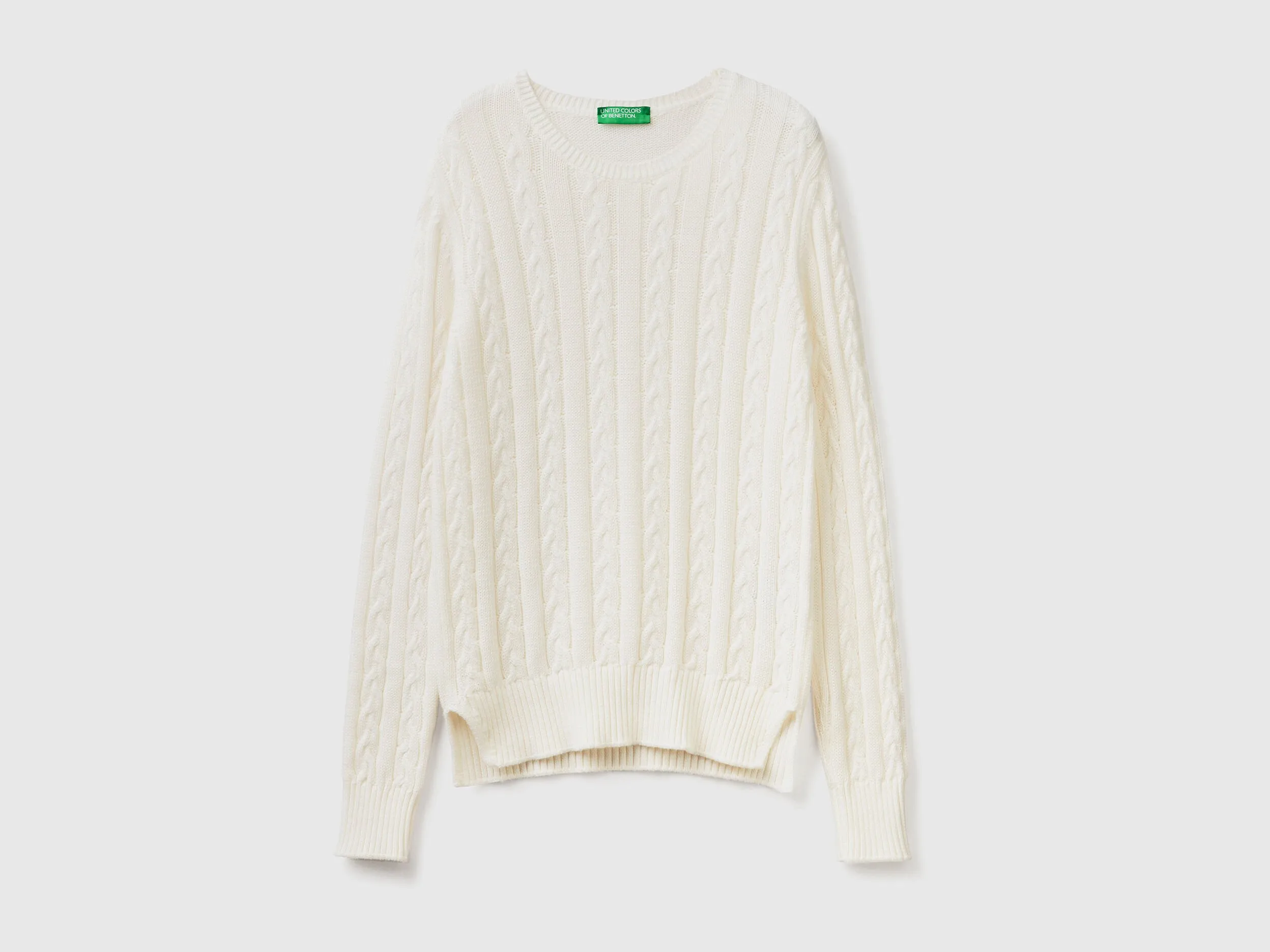 Cable knit sweater 100% cotton - Creamy White | Benetton