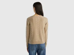 Cable knit sweater in pure cashmere - Beige | Benetton