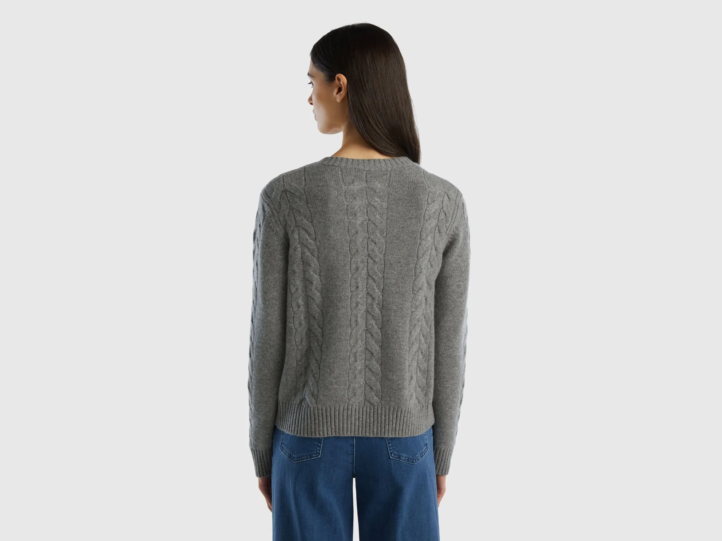 Cable knit sweater in pure cashmere - Dark Gray | Benetton