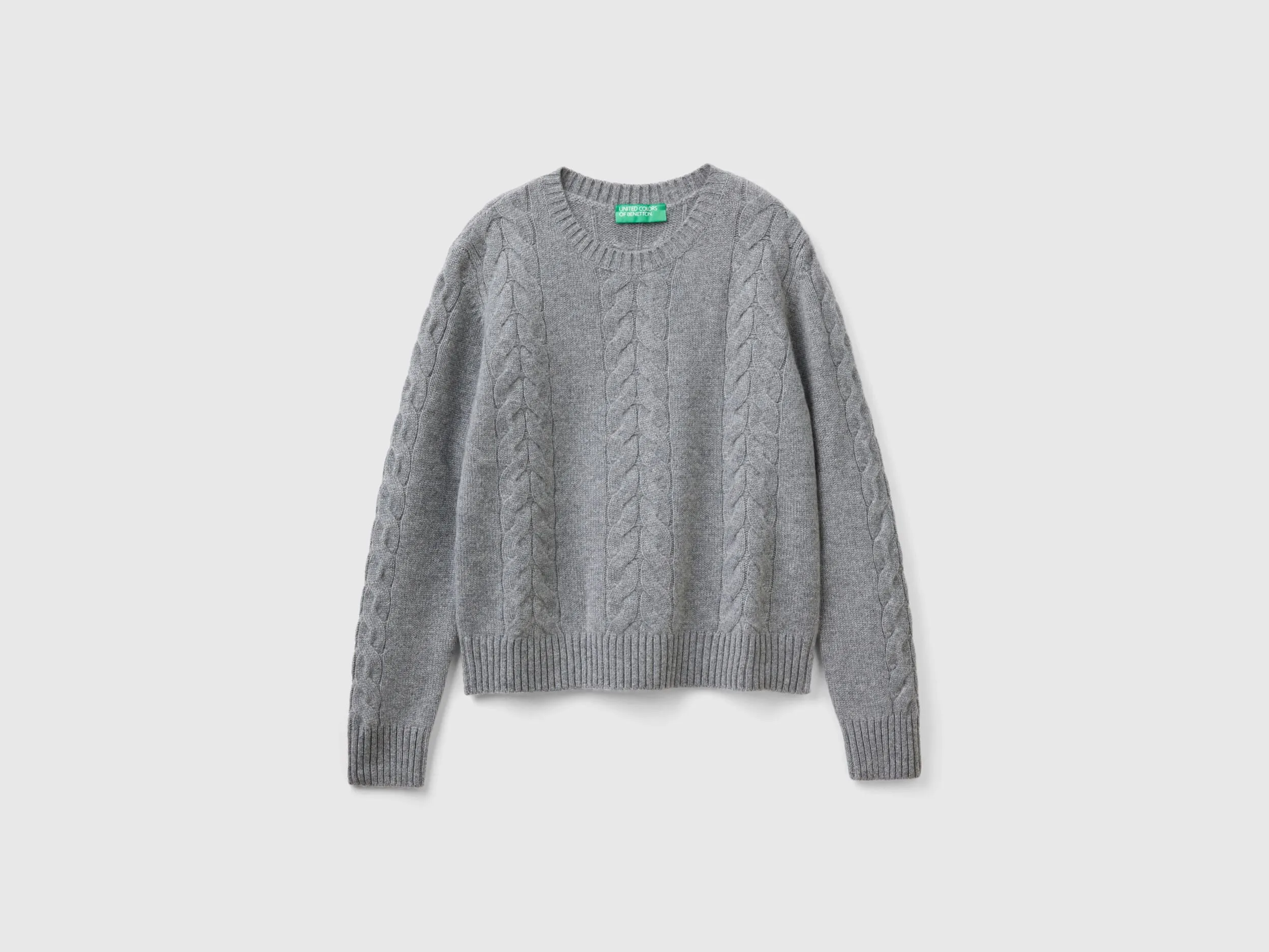 Cable knit sweater in pure cashmere - Dark Gray | Benetton