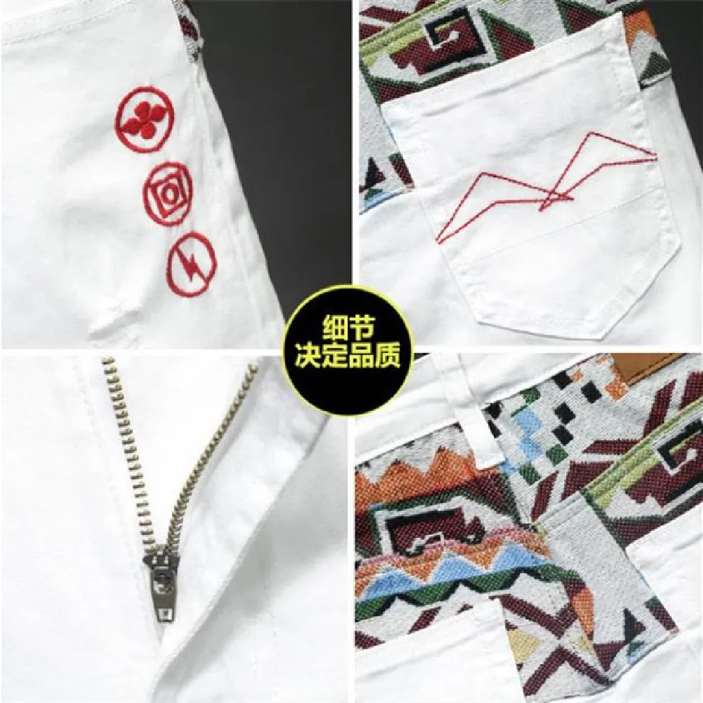 Chinese Style Torn Stretch Embroidered Hip Hop Skinny Jeans for Men