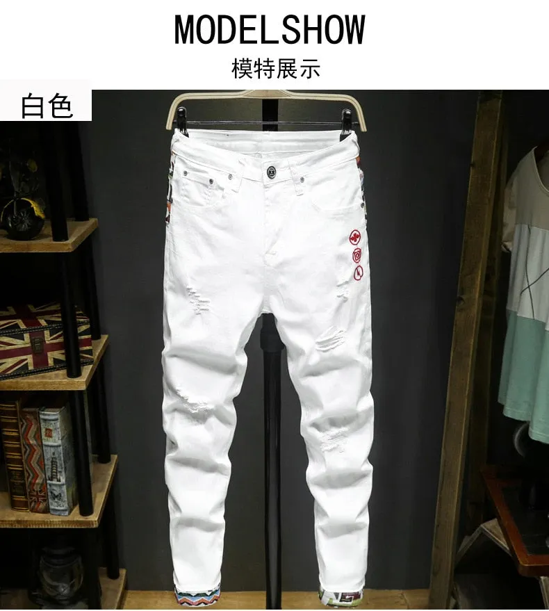 Chinese Style Torn Stretch Embroidered Hip Hop Skinny Jeans for Men