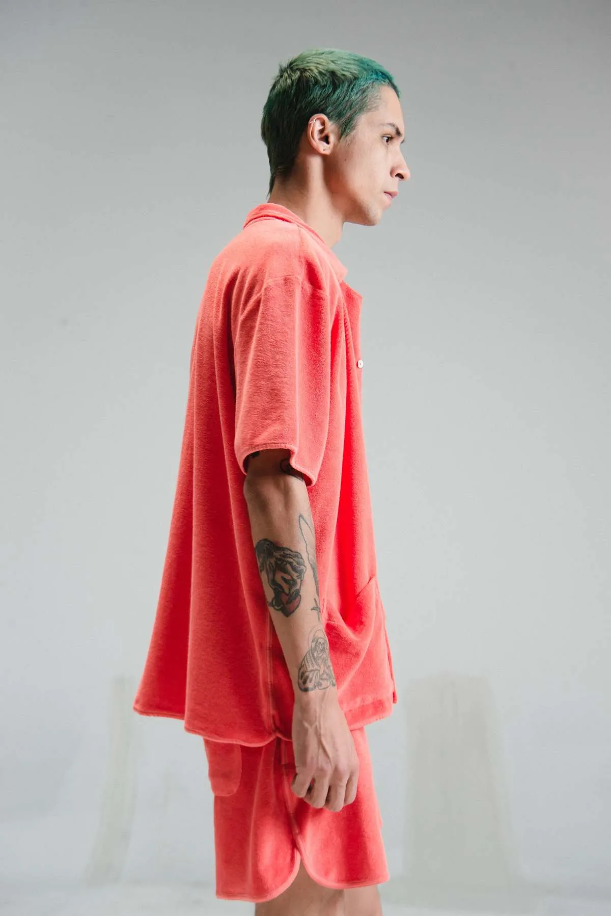 Cotton Terry Camp Collar Shirt - Coral