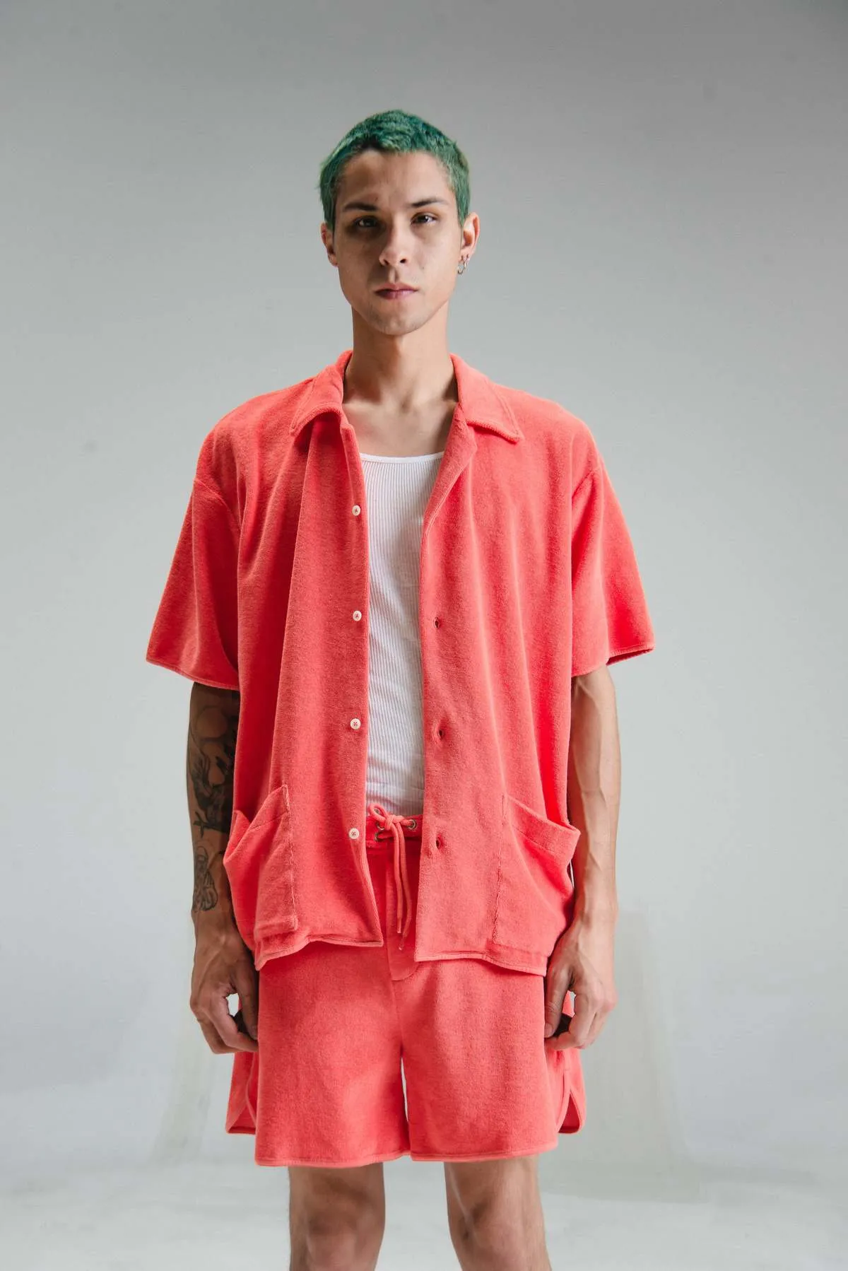 Cotton Terry Camp Collar Shirt - Coral