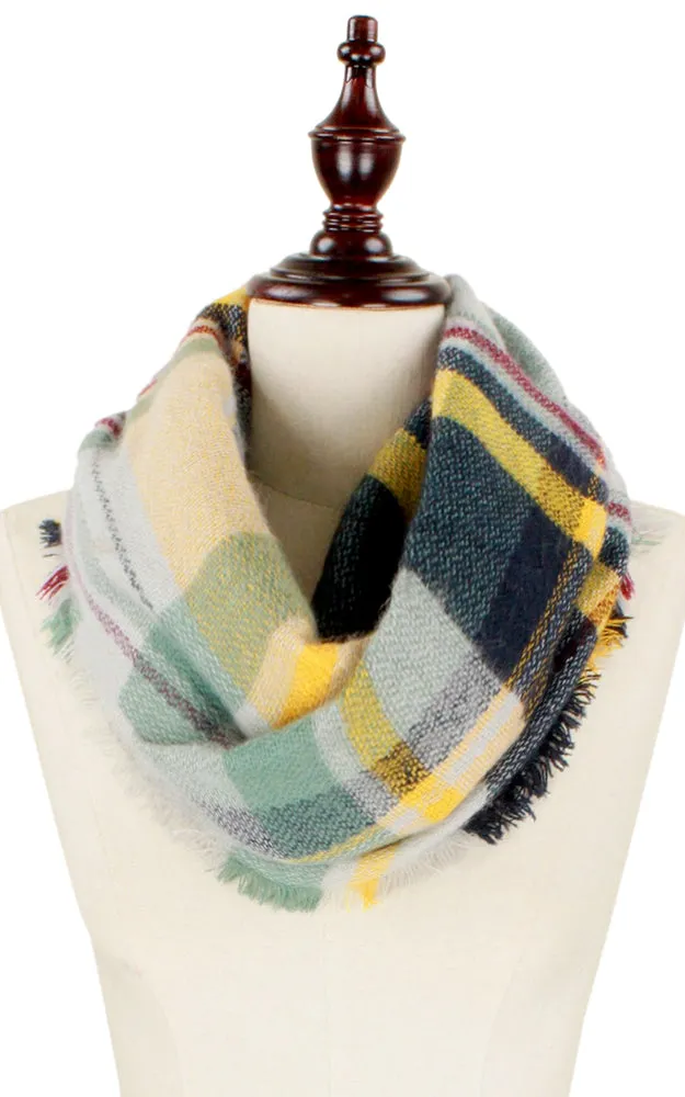 EAS8696 Green Mustard Woven Plaid Infinity Scarf