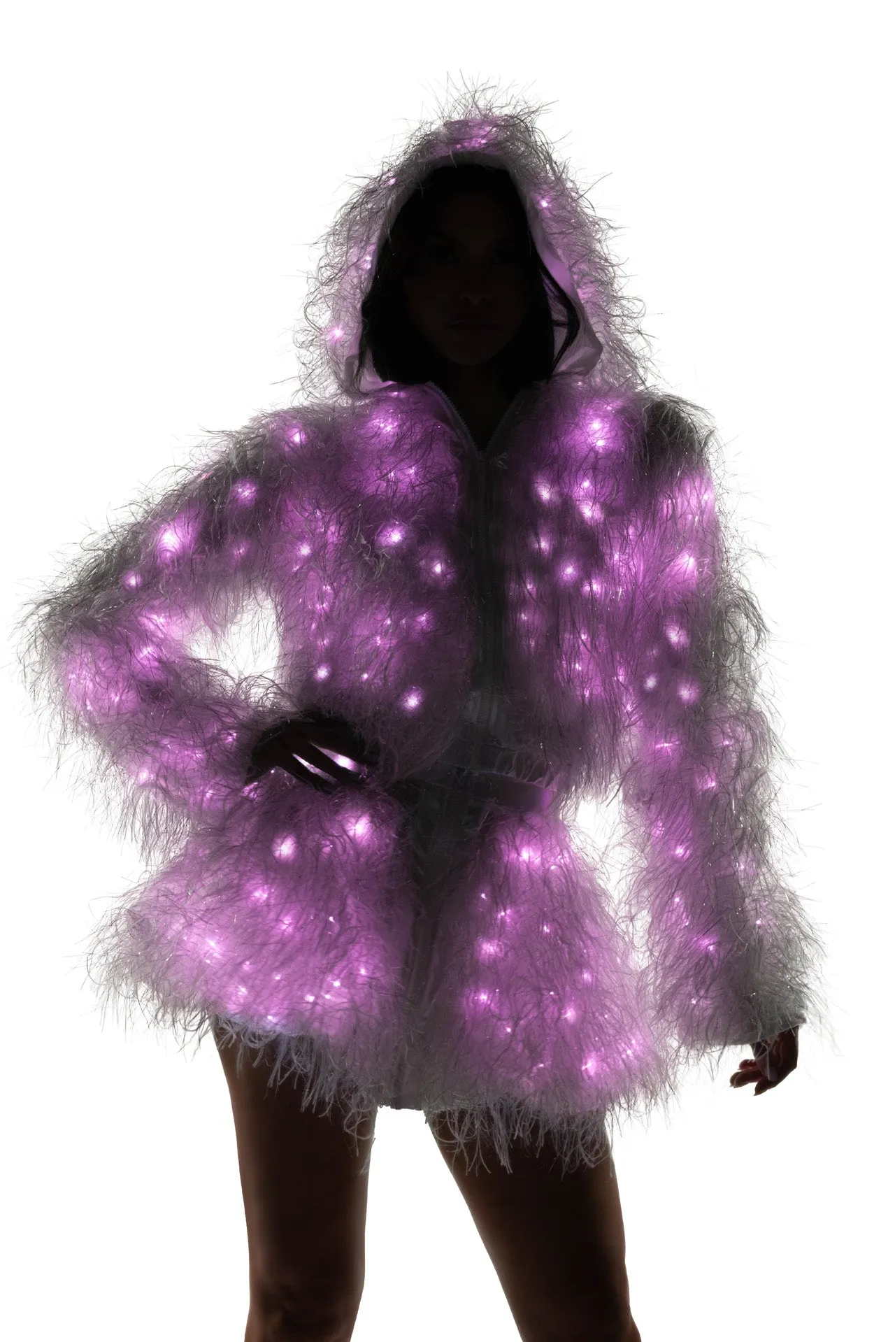 FE298 - Light-Up Lurex Shag Hooded Cropped Jacket