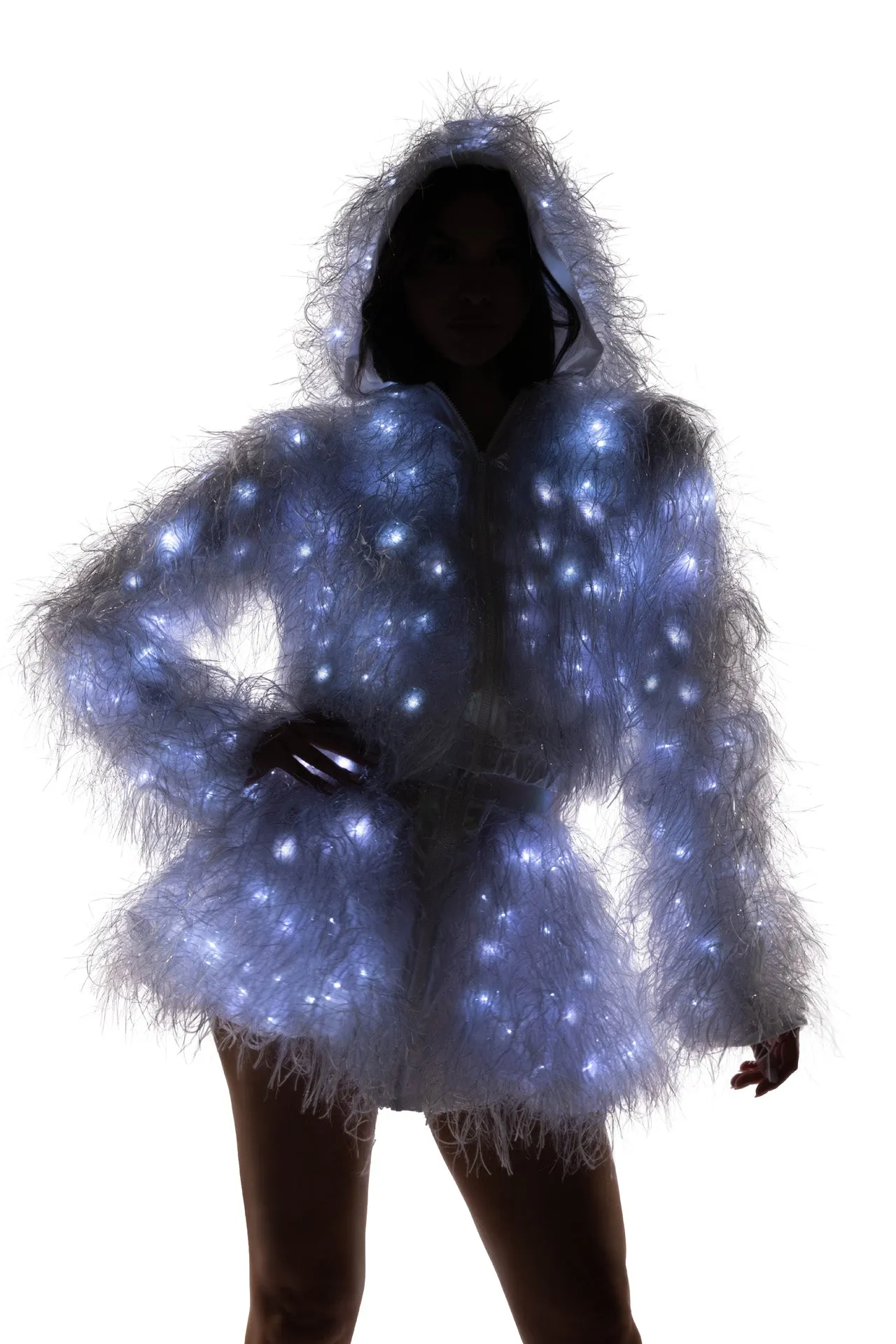 FE298 - Light-Up Lurex Shag Hooded Cropped Jacket