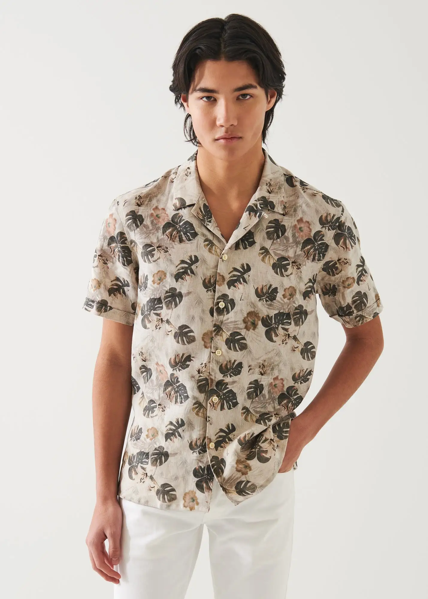 FLORAL LEAF PRINT LINEN SHIRT