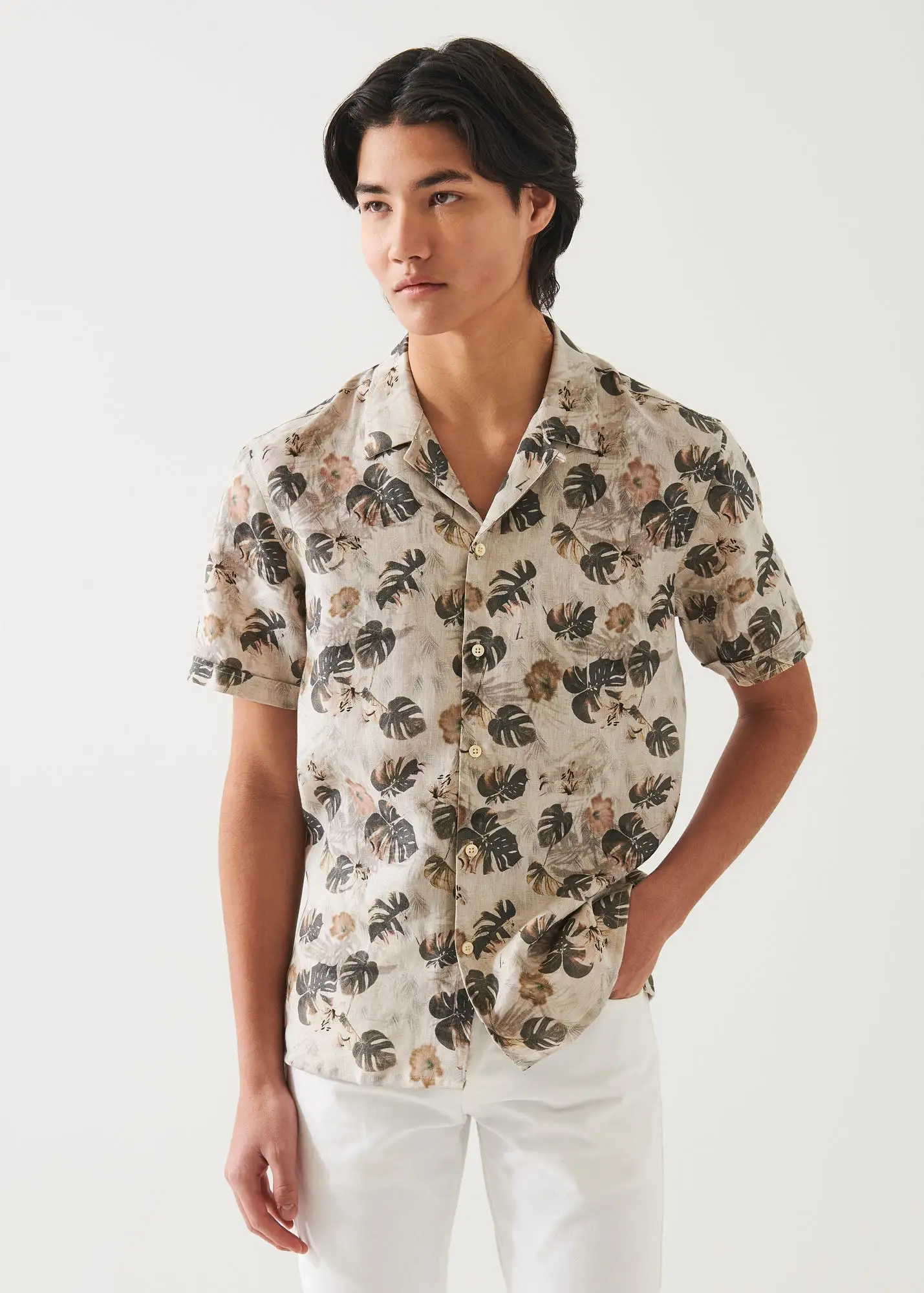 FLORAL LEAF PRINT LINEN SHIRT