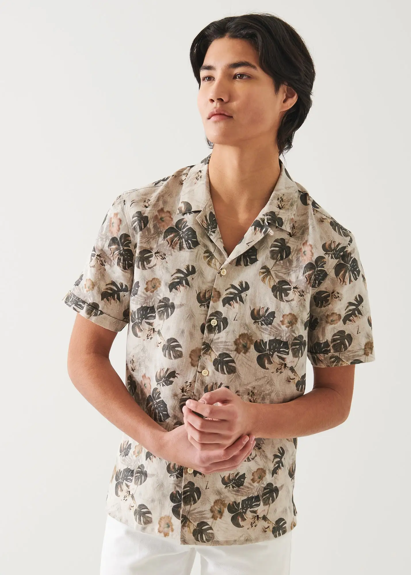 FLORAL LEAF PRINT LINEN SHIRT