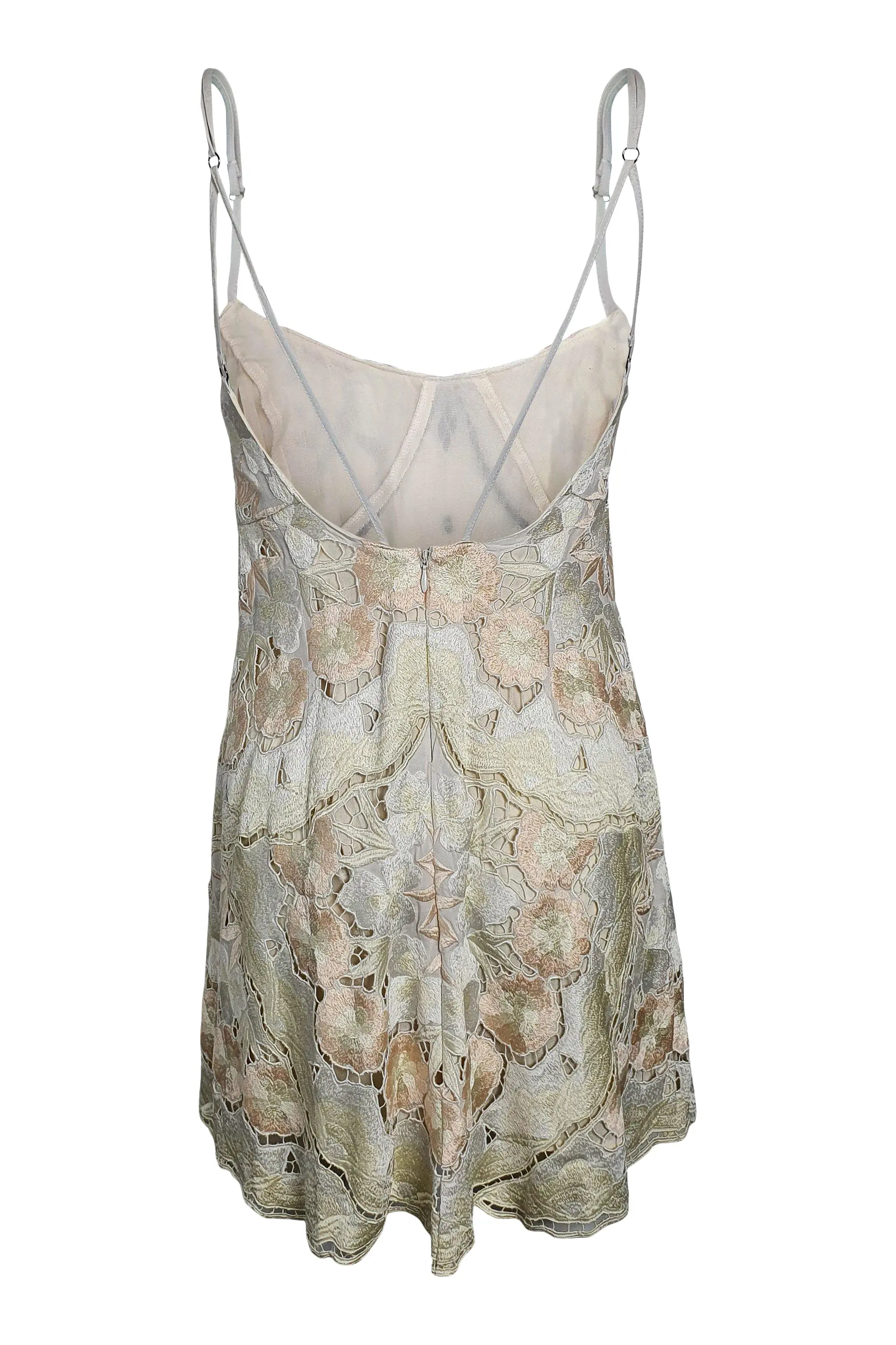 FREE PEOPLE Ivory Floral Embroidered Low Back Strappy Micro Mini Dress (0)