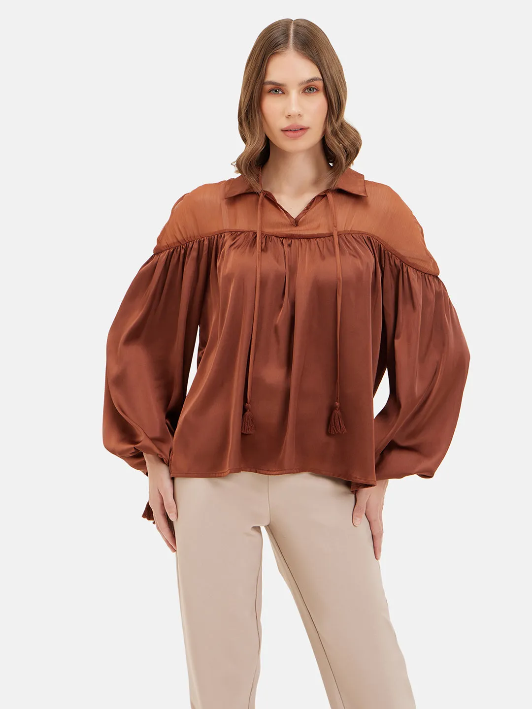 Frida Sheer Yoke Tie-Up Top