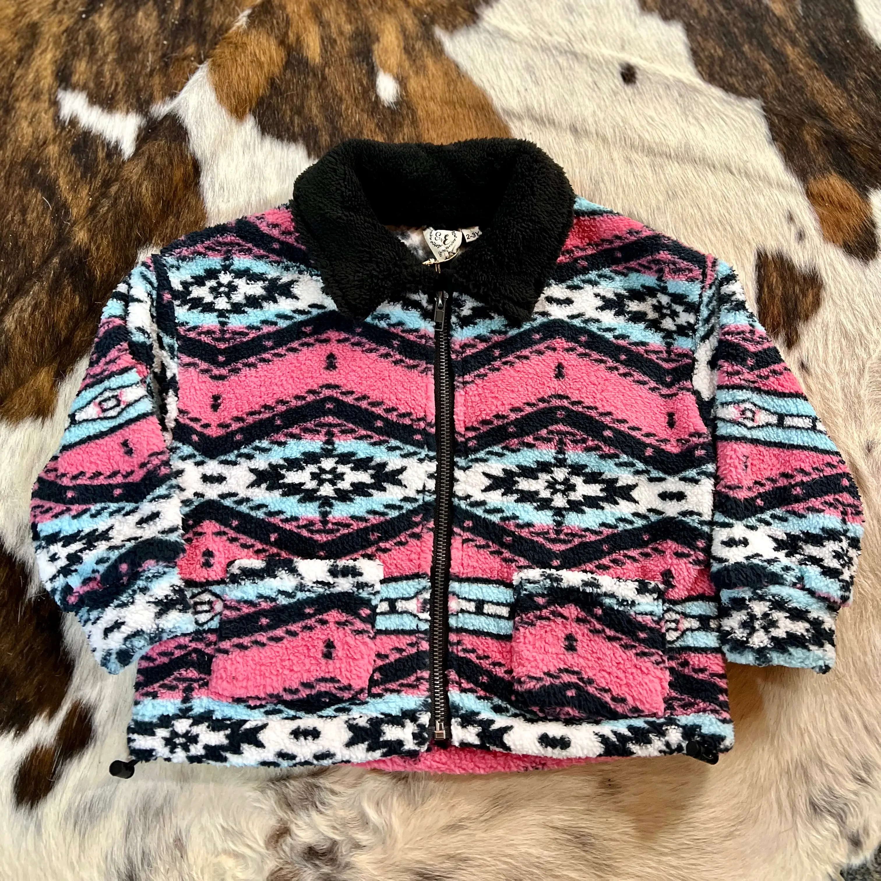 Girls Pink & Black Fleece Aztec Jacket