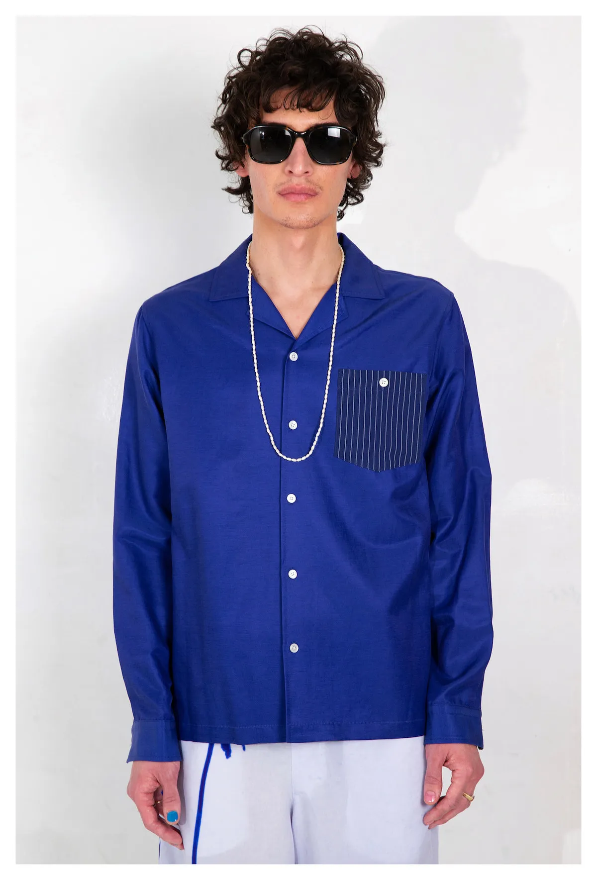 GRAPHIA NEW YORK CAMP COLLAR LONG SLEEVE SHIRT - BLUE STRIPE