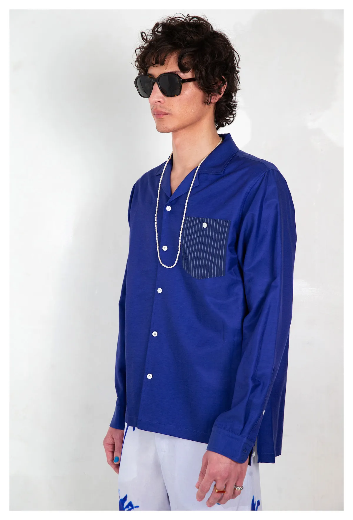 GRAPHIA NEW YORK CAMP COLLAR LONG SLEEVE SHIRT - BLUE STRIPE