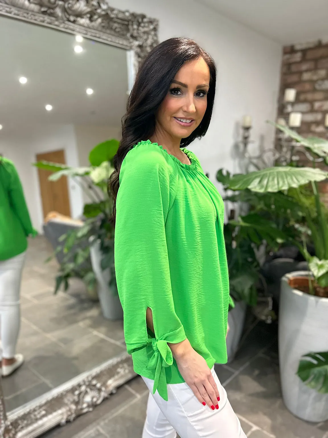 Green Tied Sleeve Bardot Top Trinity