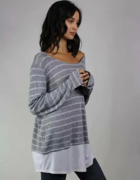 Grey Striped Long Sleeve Thin Sweater Material Top