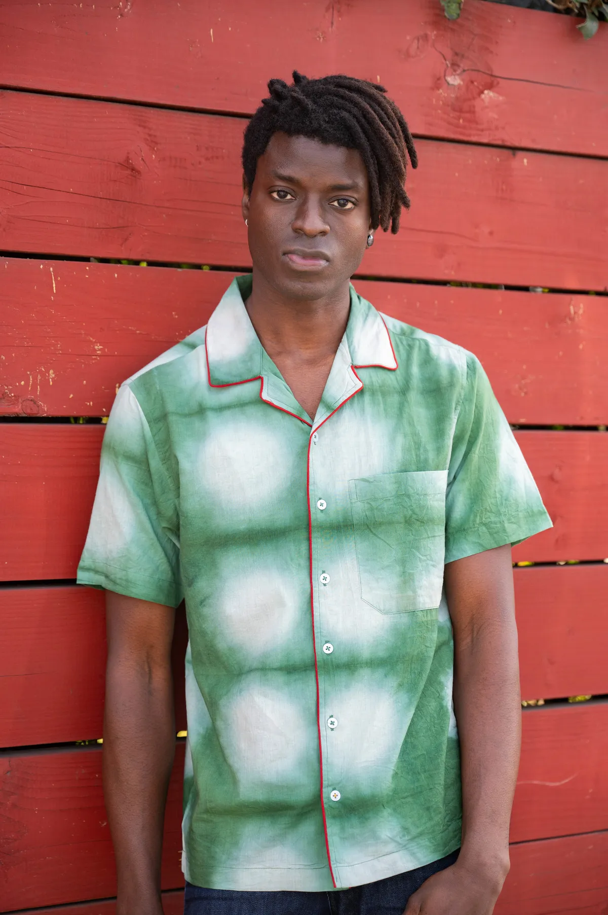 Hand Dyed The Don Camp Collar Clamp Dye with Piping Shirt - Green/White