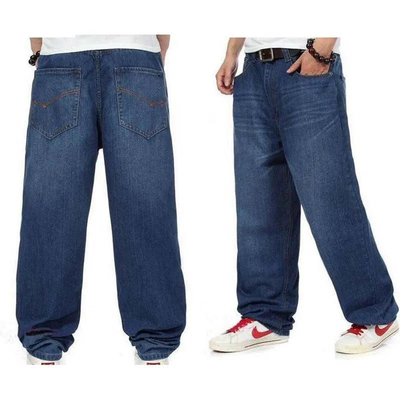 Hip Hop Men's Solid Pocket Decor Zipper Fly Loose Baggy Jeans Trousers