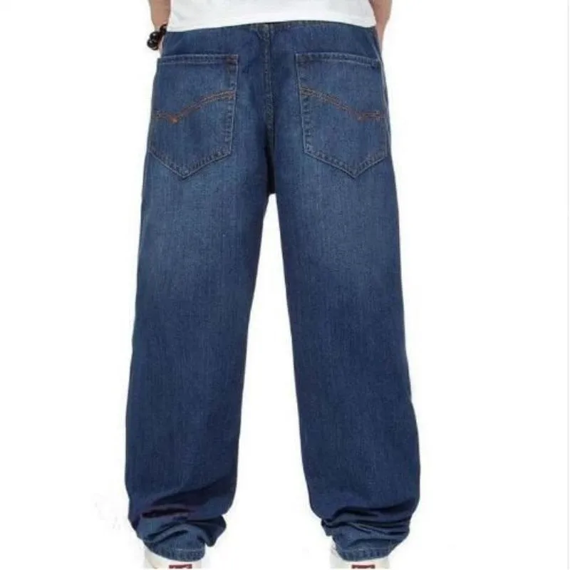 Hip Hop Men's Solid Pocket Decor Zipper Fly Loose Baggy Jeans Trousers