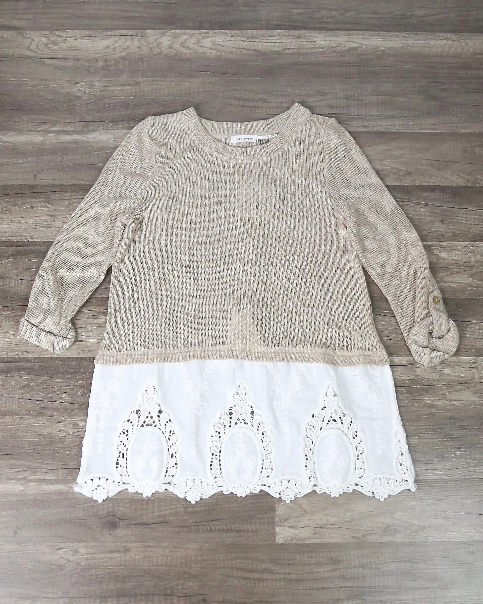 Knit Sweater With Embroidered Lace Hem in Natural