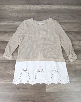 Knit Sweater With Embroidered Lace Hem in Natural