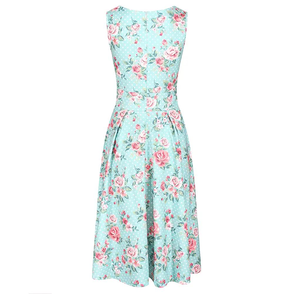 Light Aqua Blue Polka Dot Floral Classic Audrey Sleeveless Summer Dress