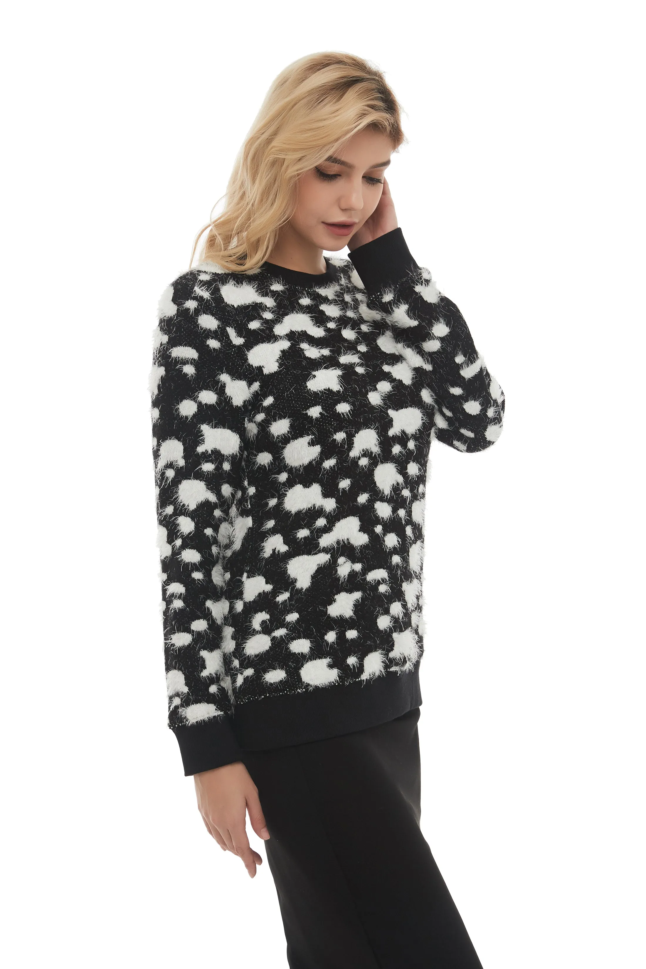 Long Sleeve Modest Mohair Black & White Sweater Top