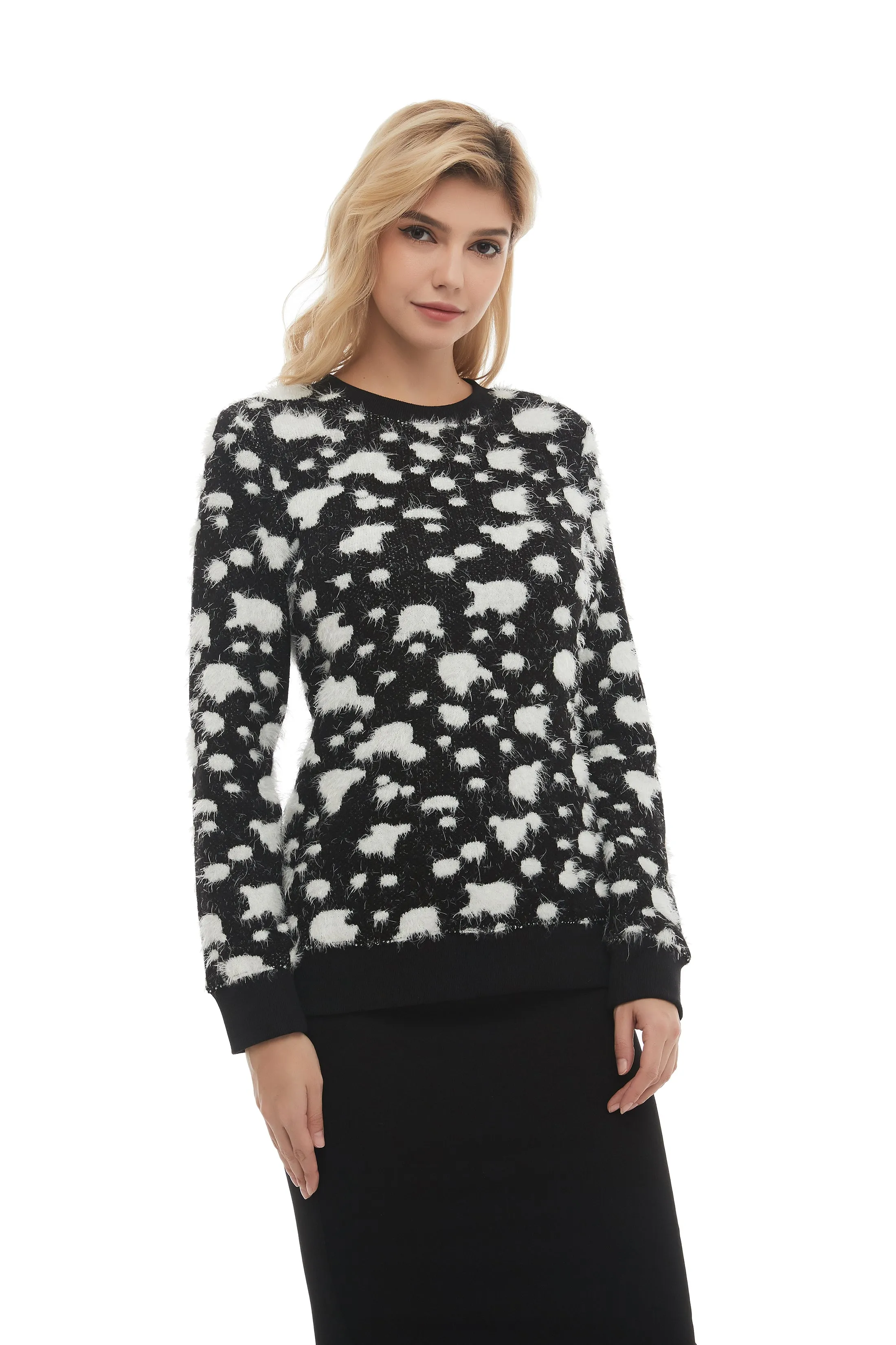 Long Sleeve Modest Mohair Black & White Sweater Top