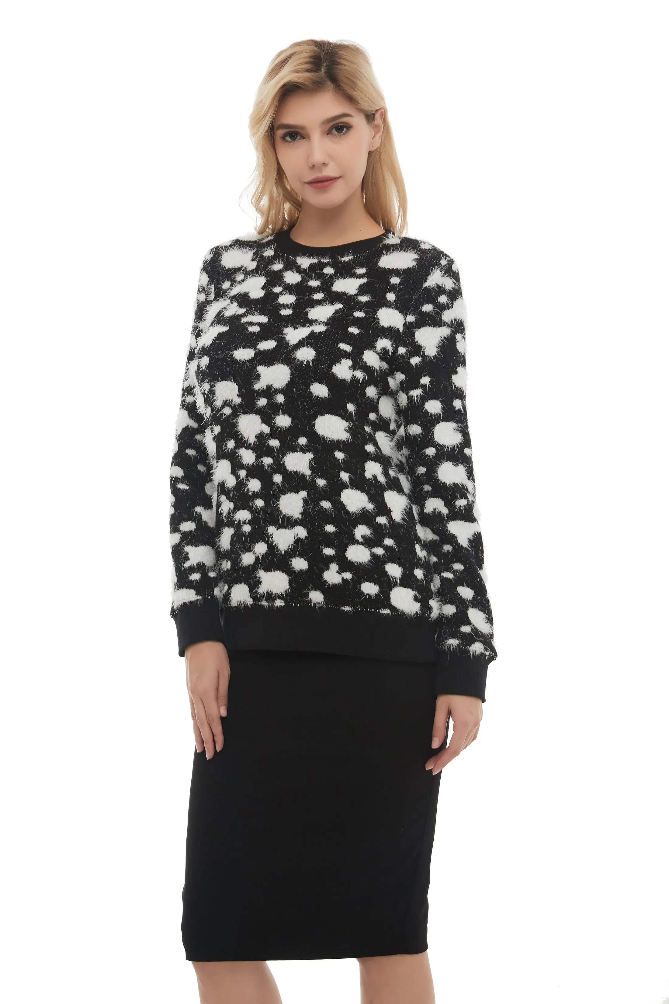 Long Sleeve Modest Mohair Black & White Sweater Top