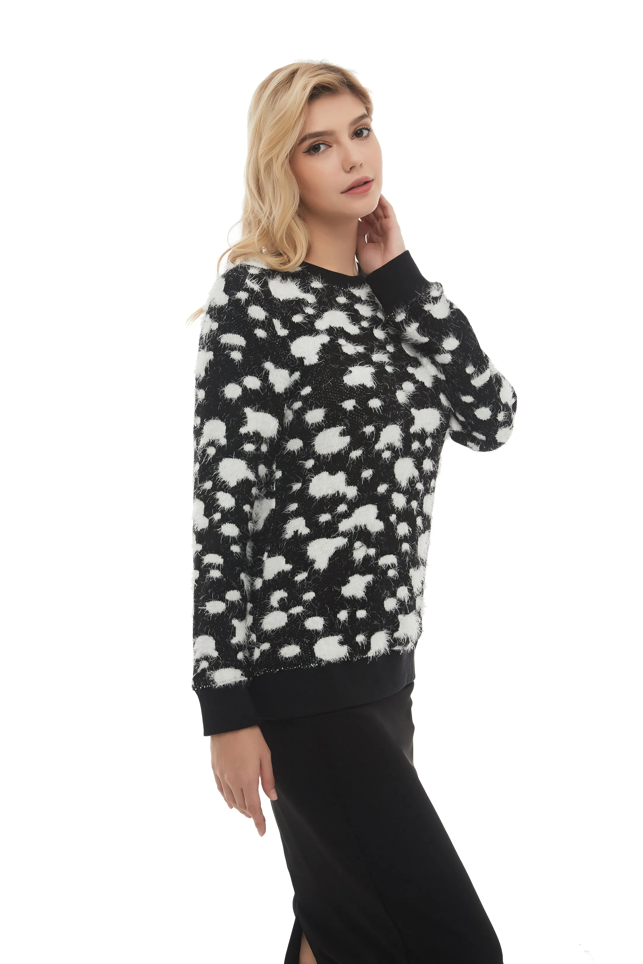 Long Sleeve Modest Mohair Black & White Sweater Top