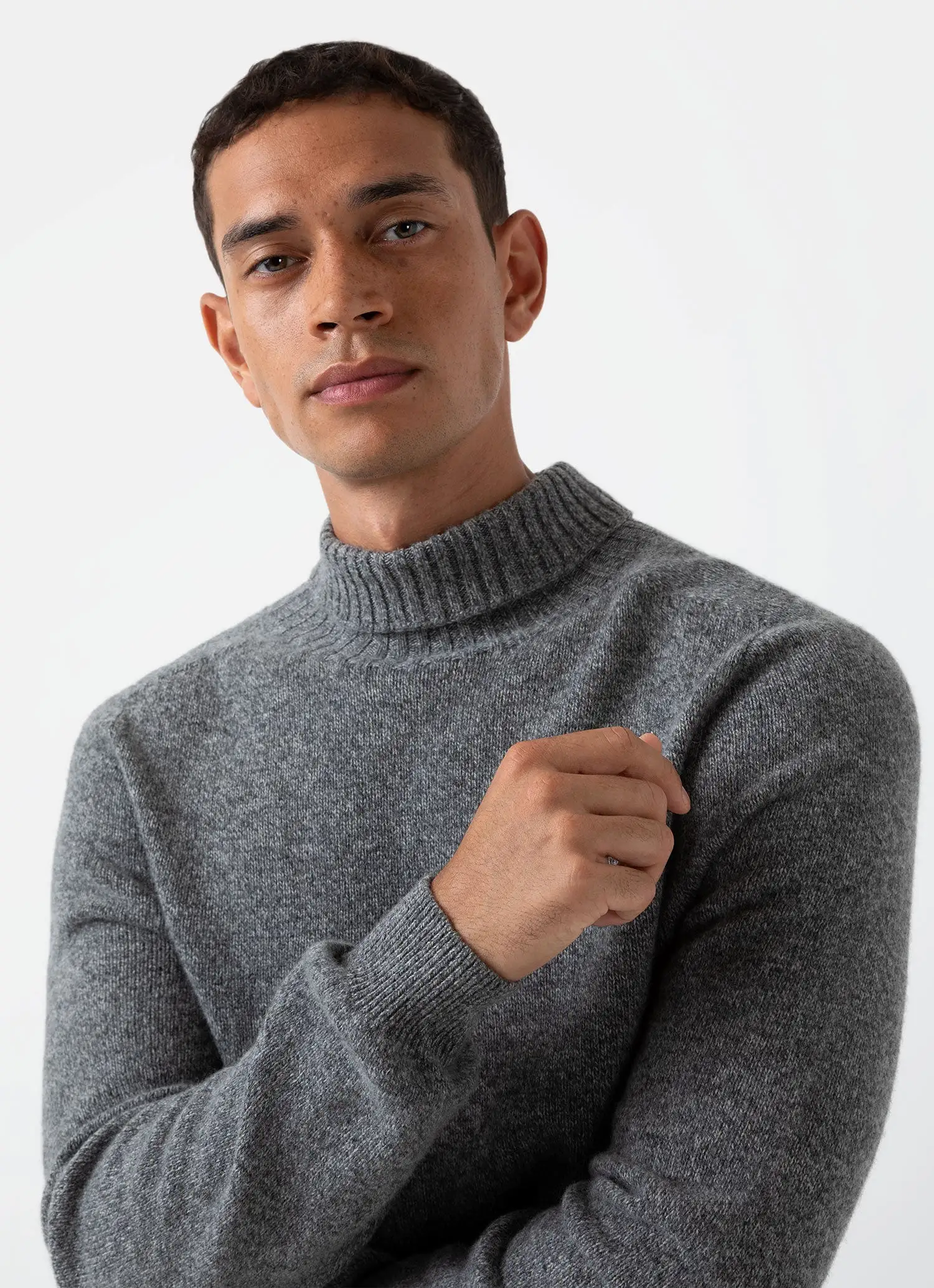 Men's Lambswool Roll Neck in Mid Grey Melange