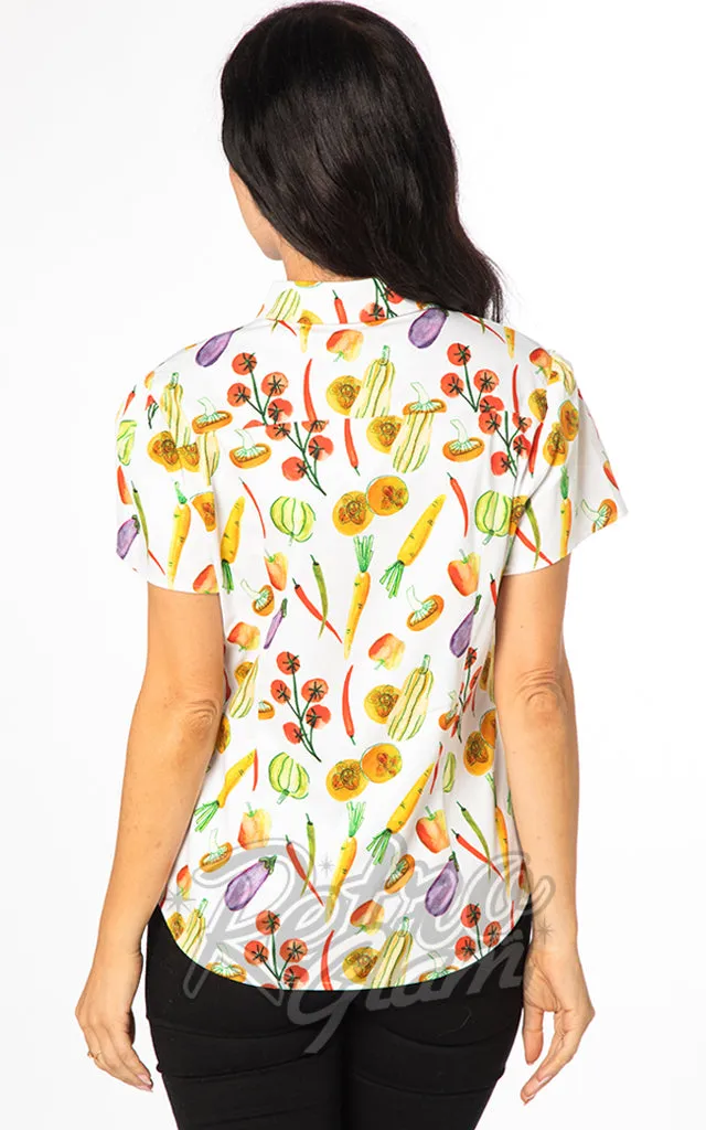 Miss Lulo Ayla Fitted Camp Shirt in Vegetable Print - M left only