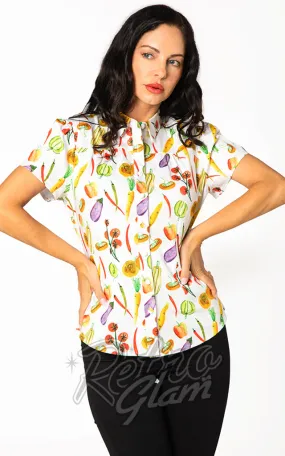 Miss Lulo Ayla Fitted Camp Shirt in Vegetable Print - M left only