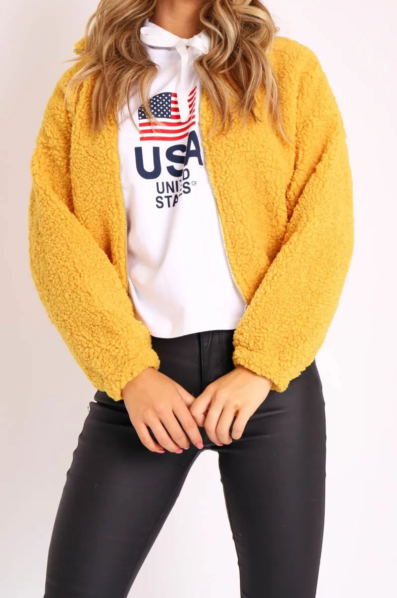 Mustard Zip Front Teddy Jacket - Elena