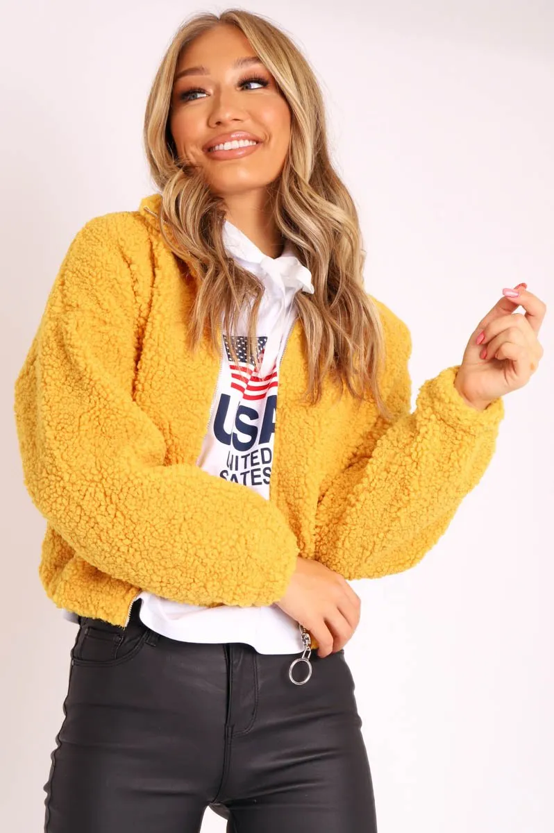 Mustard Zip Front Teddy Jacket - Elena