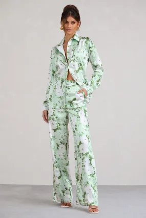 No Limits | White & Green Floral Print Satin Wide Leg Trousers