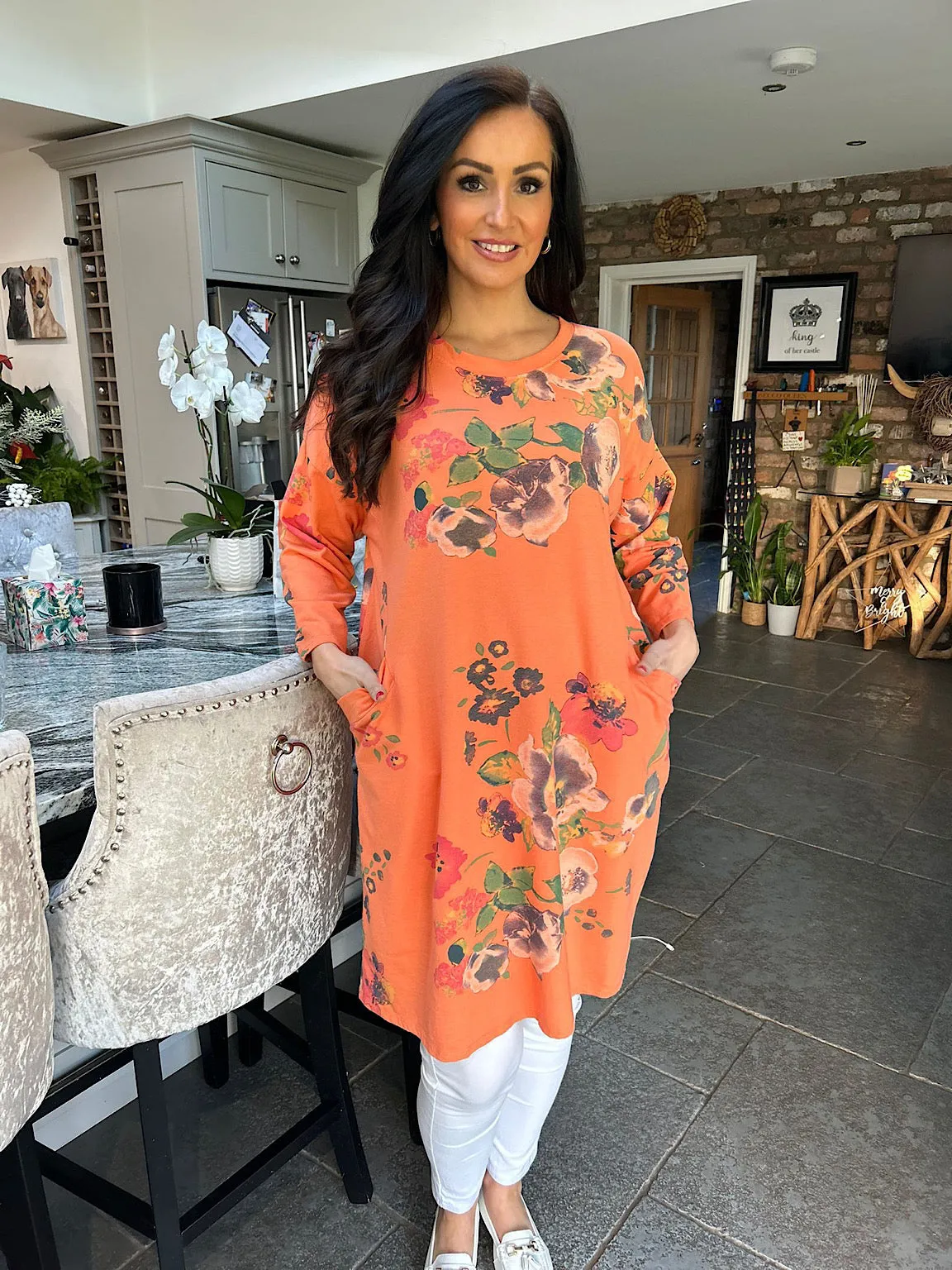 Orange Flower Patterned Pocket Tunic Danni