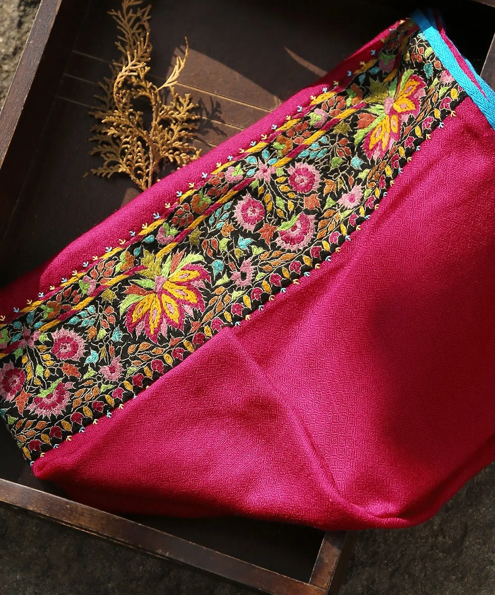 Pink Pure Pashmina Scarf With Applique Border In Kalamkari