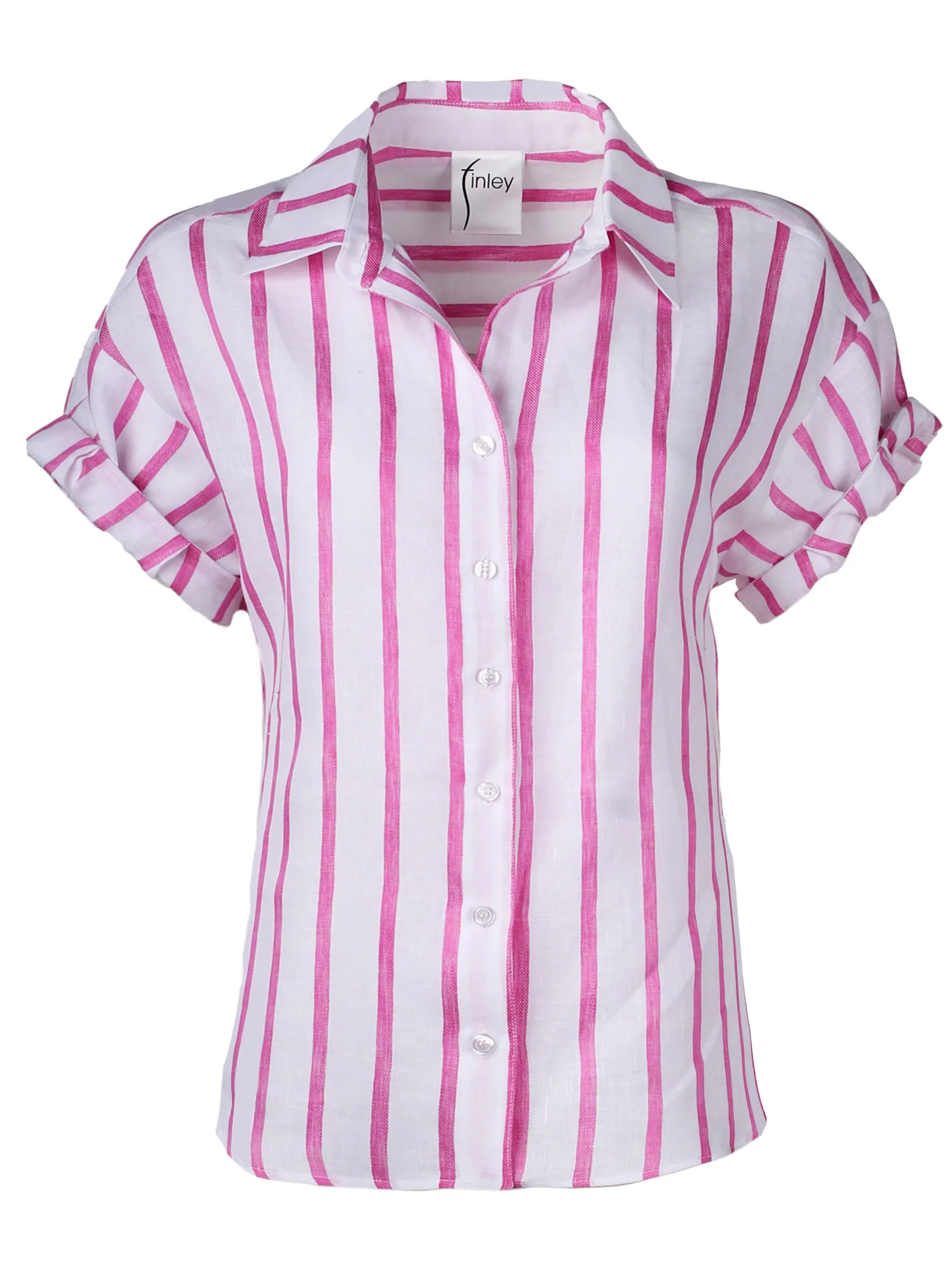 Roll Sleeve Camp Shirt Pink Striped Linen