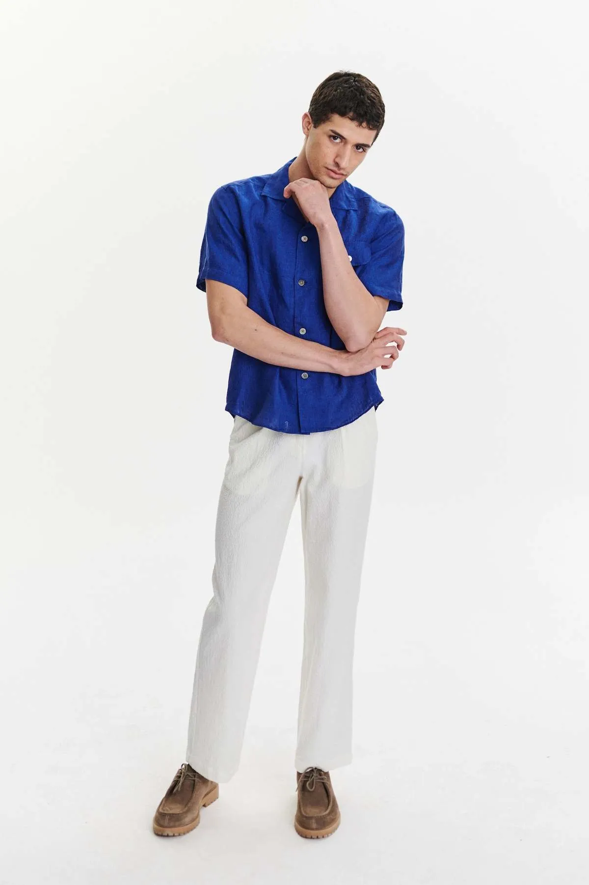 Soft and Airy Bohemian Linen Short Sleeve Camp Collar Shirt - Cobalt Blue 