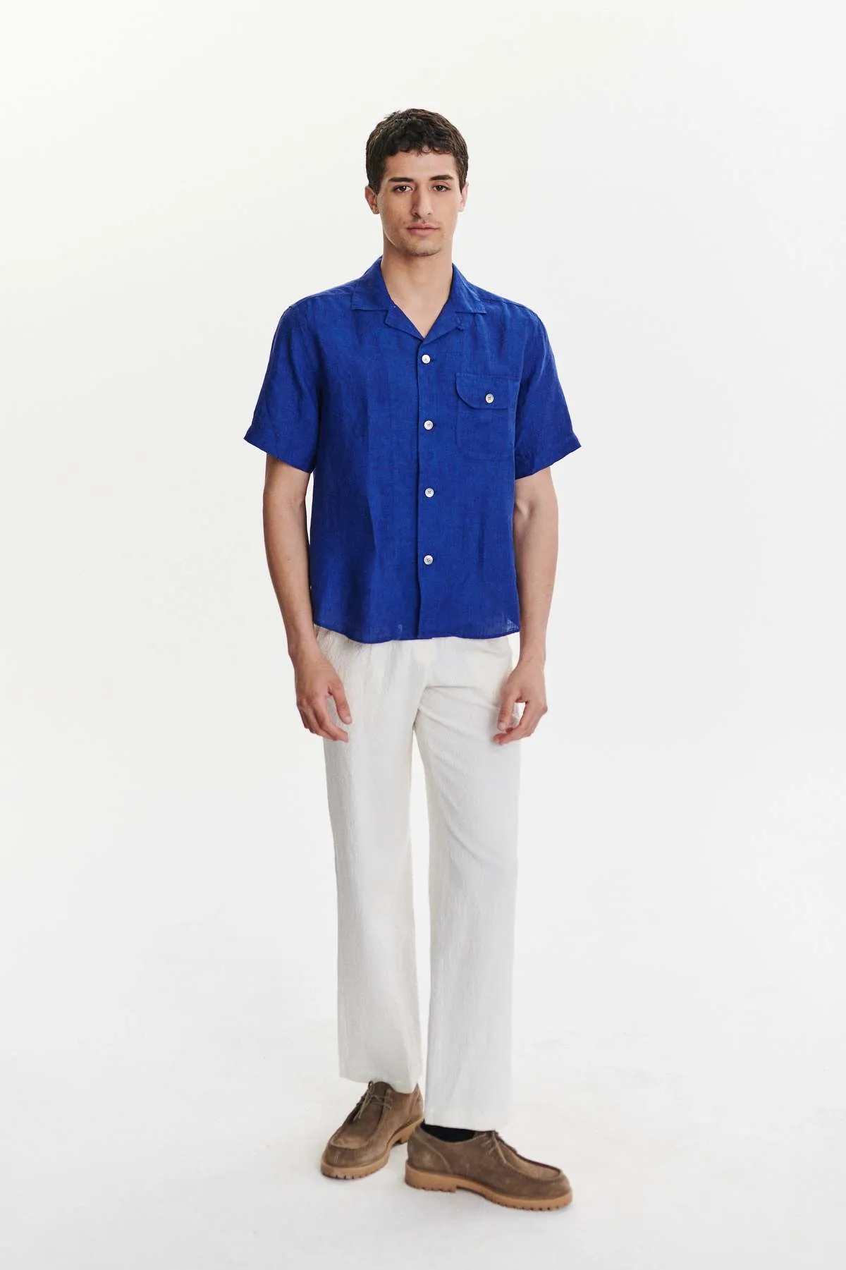 Soft and Airy Bohemian Linen Short Sleeve Camp Collar Shirt - Cobalt Blue 